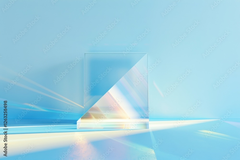 Aufkleber a translucent prism casts colorful light rays against a soft blue background, creating a serene and 