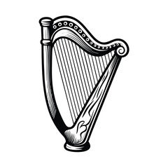 Create a detailed vector illustration of a harp featuring intricate detailing, with editable strokes for easy modification.  Include Celtic knotwork.