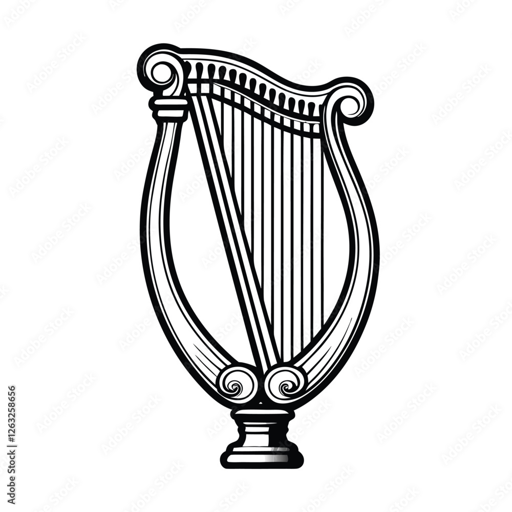 Poster create an editable stroke vector graphic of a detailed harp, showcasing its strings and intricate de