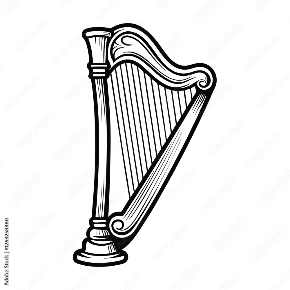 Poster create an editable stroke vector graphic of a classical harp, showcasing its strings and details. en
