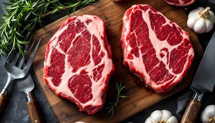 Raw Chuck Eye Steaks on Wooden Board with Garlic and Rosemary