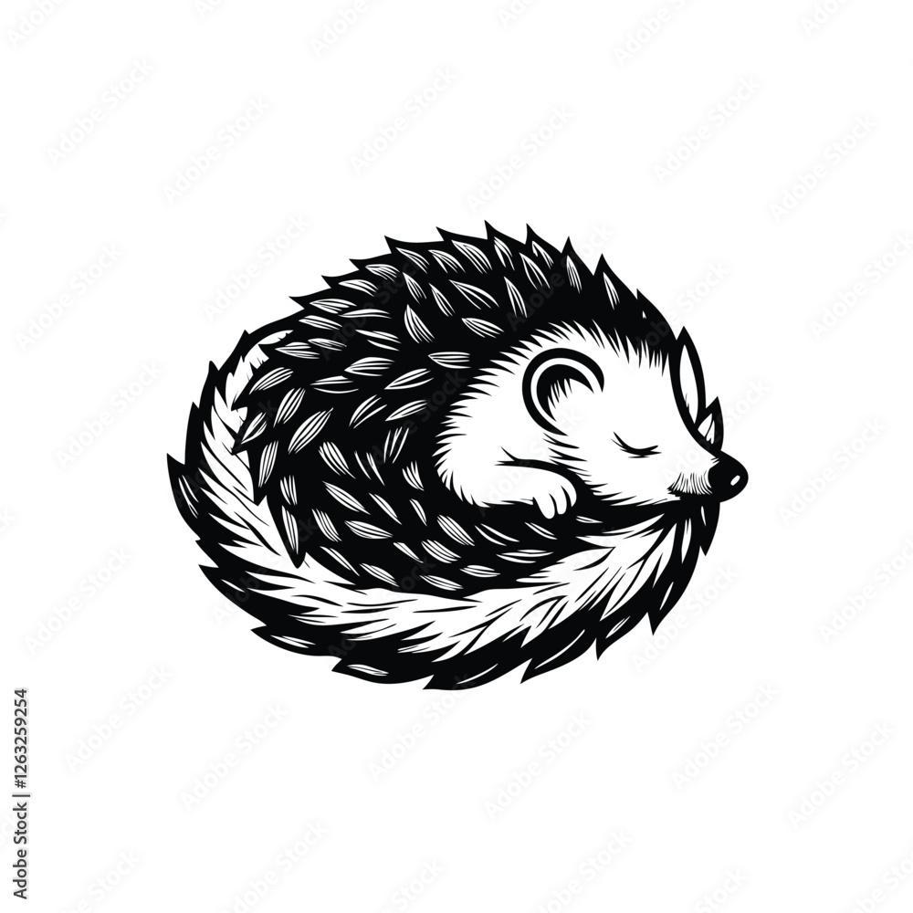 Poster create a vector illustration of a curled-up hedgehog, featuring an editable stroke for easy modifica
