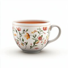White porcelain teacup with floral patterns on a white background