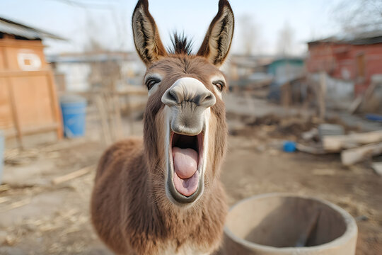 Laughing donkey up close. Wide angle shot of a brown donkey with big ears braying and showing its teeth and tongue in a funny way.