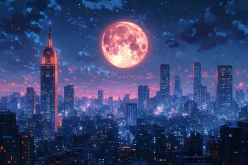 A Vibrant Night Cityscape Under a Pink Moon