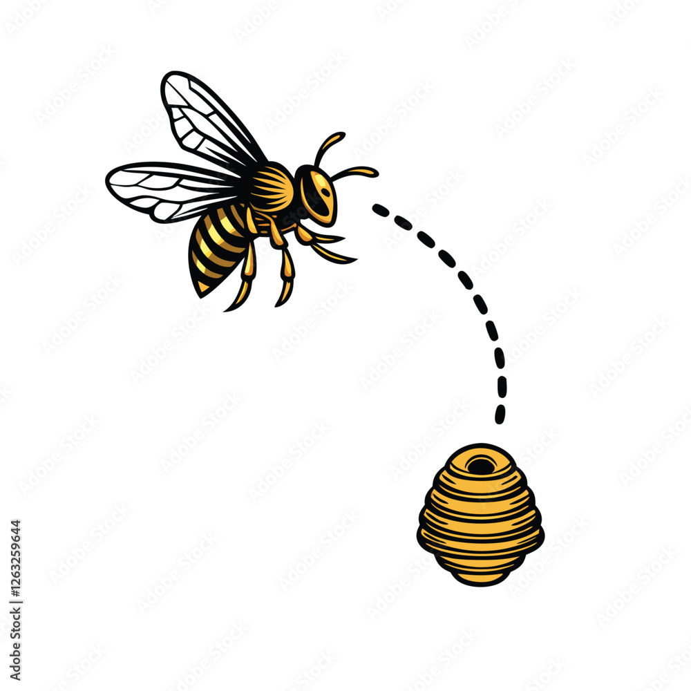 Poster create a vector illustration of a honeybee in flight, wings outstretched, approaching a single, unde