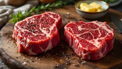 Fototapeta premium Raw Chuck Eye Steaks Ready for Cooking on a Wooden Board