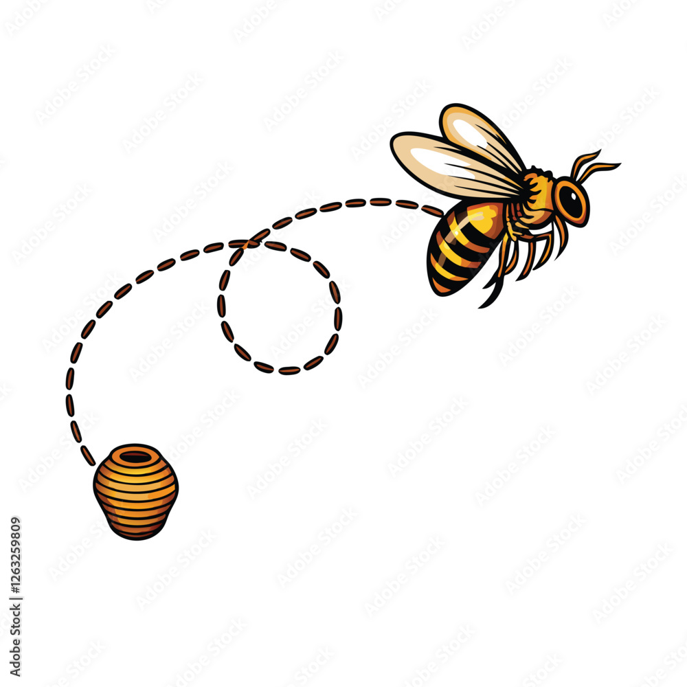 Poster create a high-resolution editable stroke vector graphic of a honeybee in flight, approaching the vie