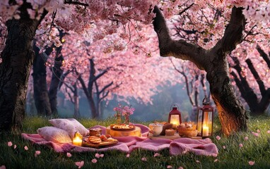 Romantic picnic under cherry blossom trees cozy blanket delicious snacks and lanterns