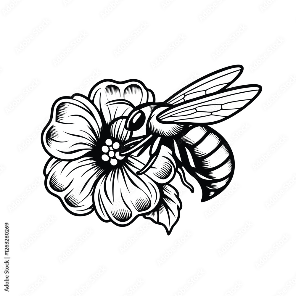 Poster create a highly detailed vector illustration of a honeybee pollinating a vibrant flower, featuring e
