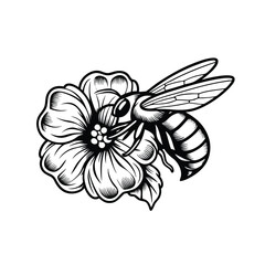 Create a highly detailed vector illustration of a honeybee pollinating a vibrant flower, featuring easily editable strokes for versatile design applications.