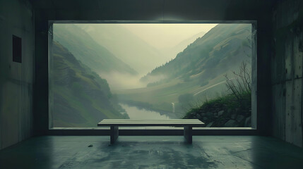 Fototapeta premium Serene view of a misty valley from a modern concrete structure with a bench overlooking the landscape