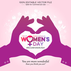 Happy International Womens Day- March 8th, wishes greeting card design. Woman sign symbol hand. Campaign theme for #AccelerateAction 2025