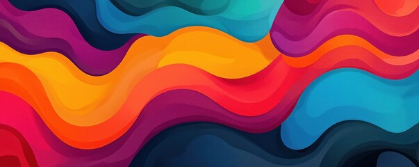 A vibrant, abstract design featuring flowing waves of colors like red, blue, pink, and orange, creating a dynamic visual effect.