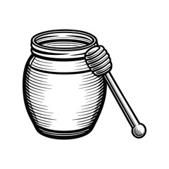 Editable vector graphic of a honey jar with a honey dipper, ideal for food labels, packaging, and illustrations.  Clean lines, easily customizable stroke.