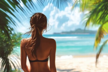 Fototapeta premium A young woman with flowing hair stands barefoot on a sandy beach, gazing at the tranquil sea and beautiful clouds during a peaceful sunset, embodying relaxation.