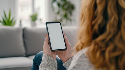 Social media trends and marketing live, A person with curly hair holds a smartphone, looking at a blank screen in a cozy living room setting with plants in the background.