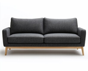 Fototapeta premium Modern dark gray fabric sofa with light wooden legs on white background.