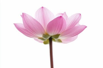 Naklejka premium Pink lotus flower isolated on white background, viewed from below, showcasing delicate petals and stem.
