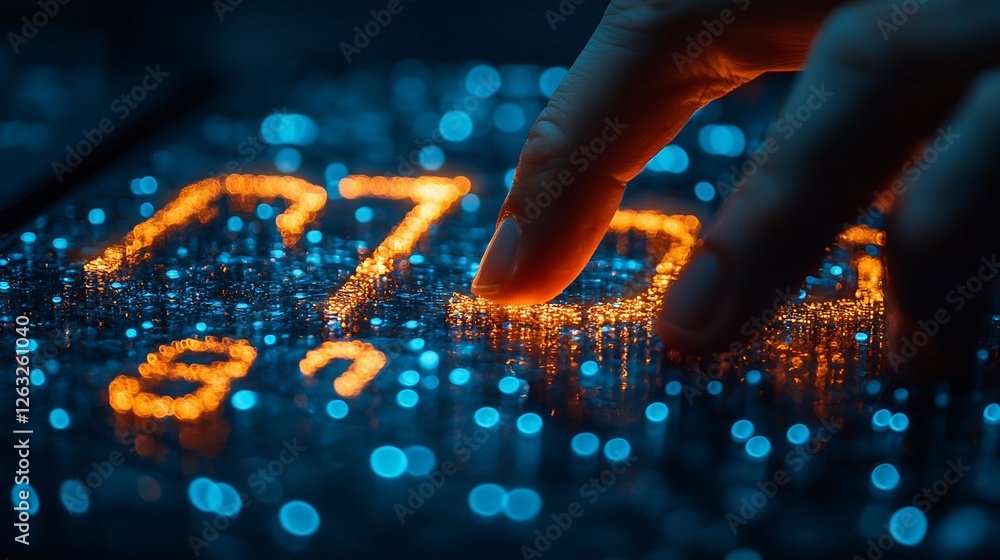 Poster fingertip interacts with glowing digital numbers on a dark, bokeh-filled surface.
