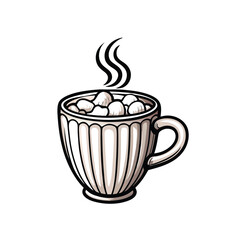 Editable vector illustration of a steaming mug of hot cocoa, perfect for menu design or seasonal branding.  Include marshmallows and whipped cream.