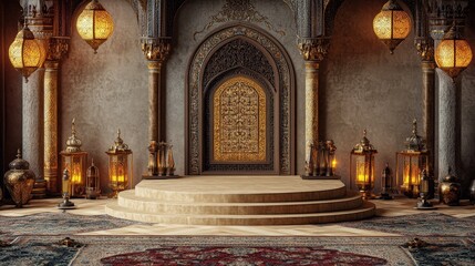 Obraz premium Elegant Middle Eastern Palace Interior Design with Golden Lanterns and Intricate Architecture