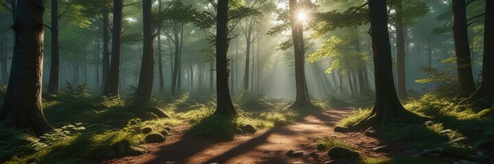 Obraz premium The forest light filters through the trees creating dappled shadows on the forest floor, woodland, forest floor, light