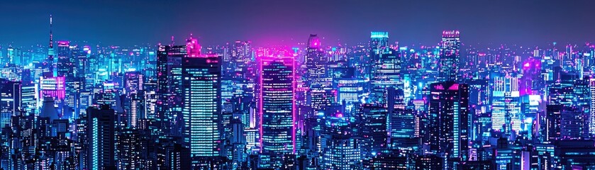 Obraz premium Night cityscape, vibrant lights, futuristic skyline, urban background, website banner