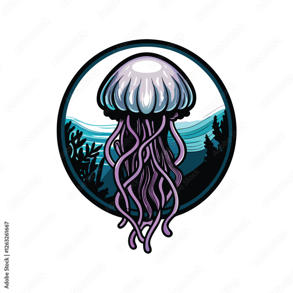 Poster create a clean, editable vector illustration of a jellyfish with a visible stroke, gracefully floati