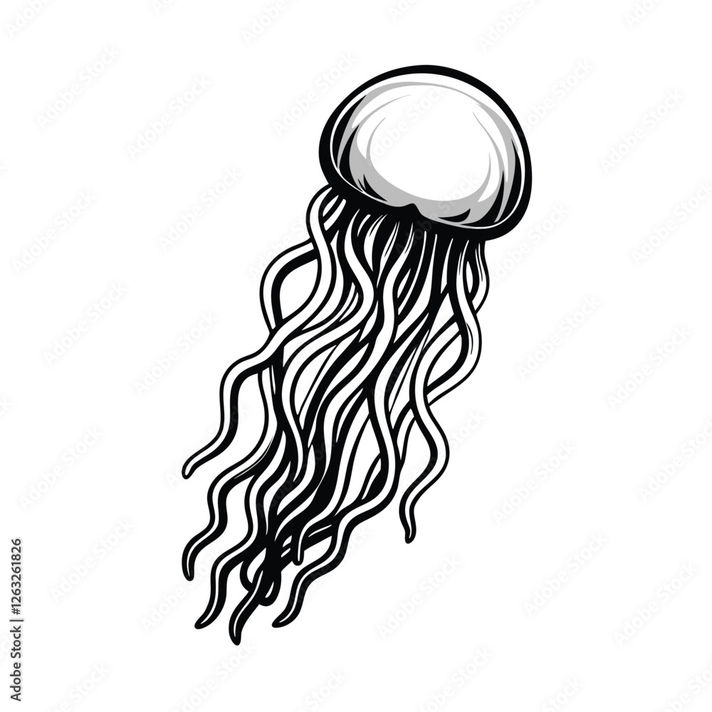 Poster create a highly detailed, editable stroke vector graphic of a jellyfish with long flowing tentacles,