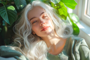 Naklejka premium Green Home concept with relaxed stylish woman with long wavy white hair in modern sunny day at home