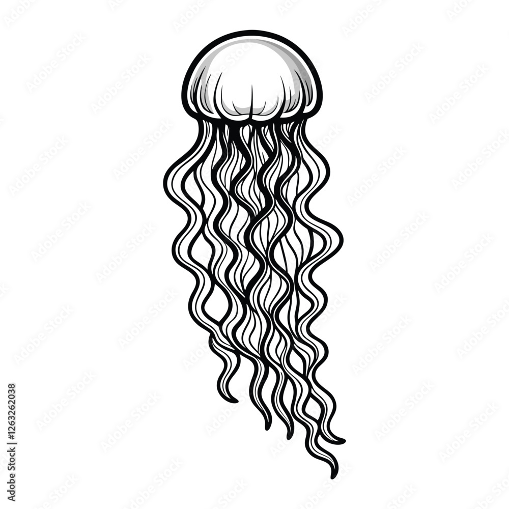 Poster create an editable stroke vector graphic of a jellyfish with long flowing tentacles, exhibiting intr