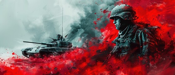 drawing of A soldier in a helmet and a tank