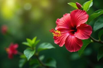 A hibiscus tree with bright red flowers in full bloom, floral, flowers, nature