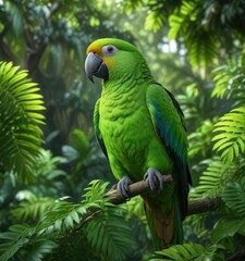 Fototapeta premium The vibrant colors of a green parrot against the backdrop of lush green foliage, avian, plant life