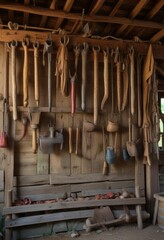 The walls of the rustic barn storage shelter are adorned with old farm tools hung from wooden pegs, agriculture, country life