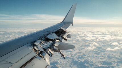 Severely damaged airplane wing during flight over clouds. Structural failure of aircraft. Indicates a severe impact or in-flight incident.