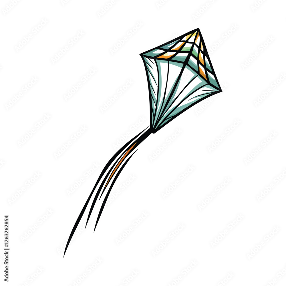 Poster create a vibrant, editable-stroke vector illustration of a single kite soaring in a clear blue sky. 