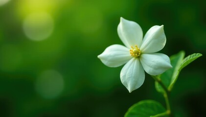 Green stem supporting a solitary white jasmine in full bloom, leafy, blooming