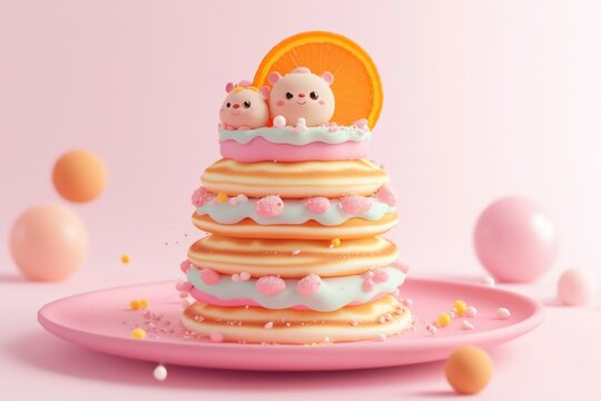 Cute cartoon hedgehogs atop a delicious stack of pancakes decorated with orange slices and pastel frosting, on a pink plate.