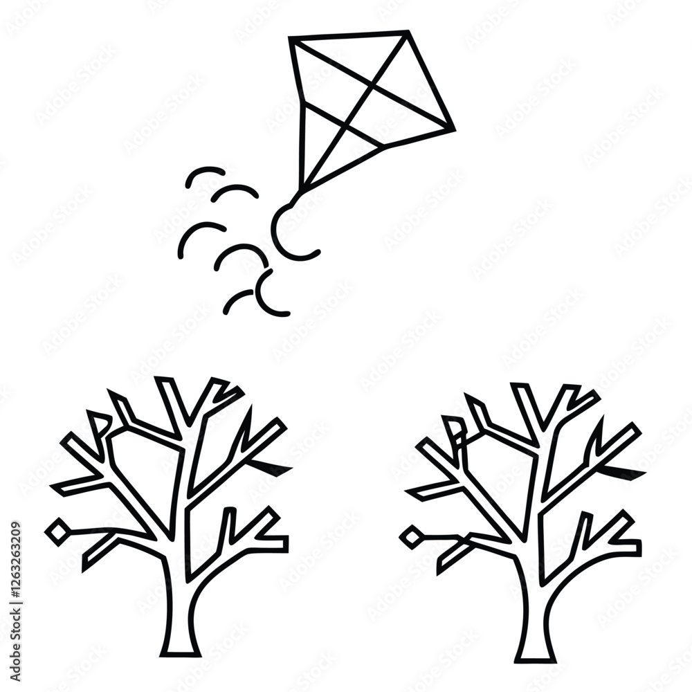 Poster create an editable stroke vector illustration of a colorful kite entangled in the branches of a tall