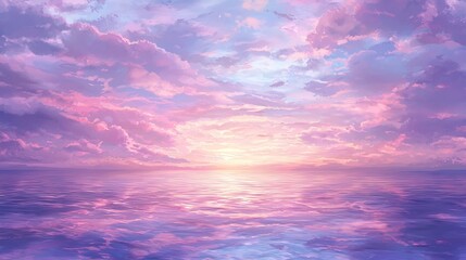 Obraz premium Serene, vibrant sunset over tranquil ocean. Pastel colors of pink and purple clouds reflect on a calm sea.