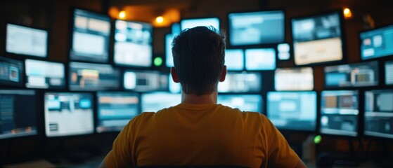 Hacker monitors cybersecurity threats at advanced control center high-tech environment digital security insights