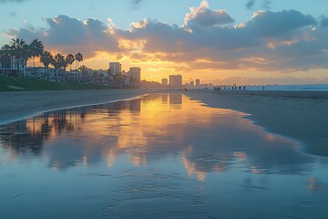 Sunrise over a Beachfront Cityscape