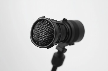 Close-up of a black condenser microphone on a stand against a white background.