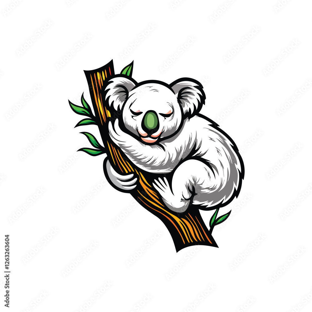 Poster create a vector illustration of a sleeping koala, editable strokes, resting on a stylized map of the