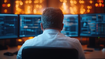 Cybersecurity operations data center digital security high-tech environment rear view hacker detection and prevention strategies