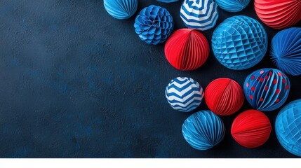 Fototapeta premium Red blue paper balls party decor background