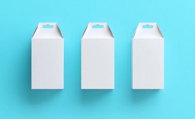 Three blank white cardboard boxes with hang hole on a blue background.