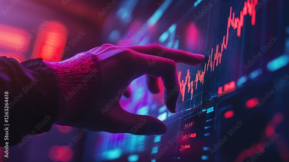 Poster hand interacting with a vibrant stock market data display, showcasing dynamic graphs and numbers.
